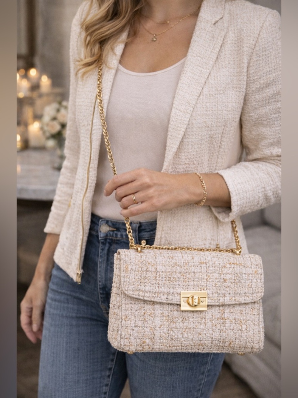 Cristina Sabatini Brielle Tweed Crossbody Gold Chain Designer Bag